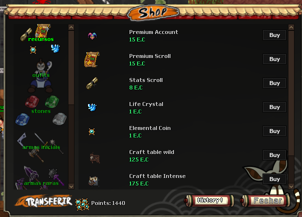 Shop no cliente do OT Avatar